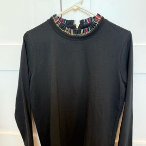 J. Crew Black Top with Multicolor Plaid Collar